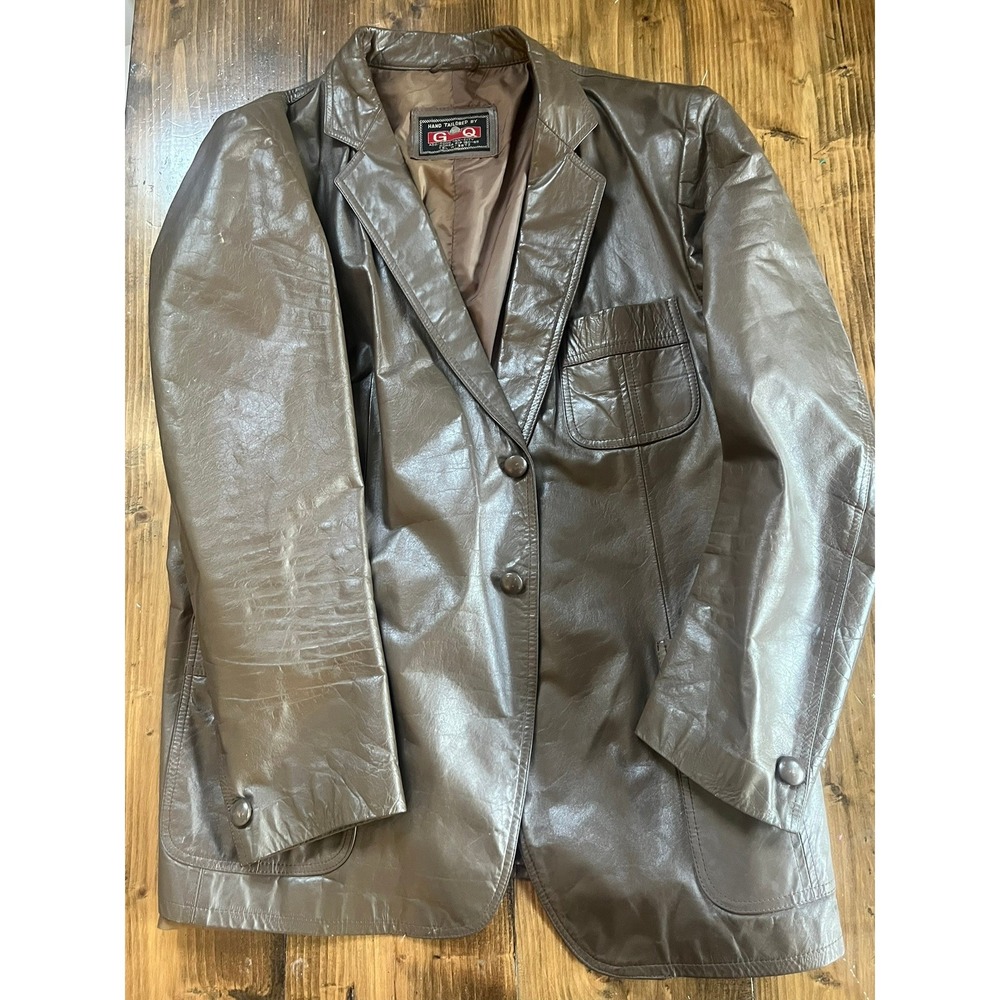Vintage GQ Hand Tailored Brown Leather Blazer Jacket Korea Men's Two Button